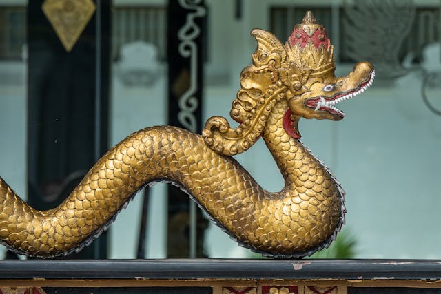 Close-up of hand-carved wooden dragon sculpture showing intricate scale texture and warm mahogany grain
